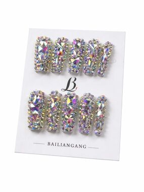 AB Crystal Rhinestone Press On Nails Full Glam Bling Nails Size Small